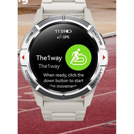 Mibro GS Active in white with a white silicone strap, screen showing a GPS workout ready to start