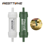 Green and white mini water filter straws side by side, with a hiker drinking from a creek through one