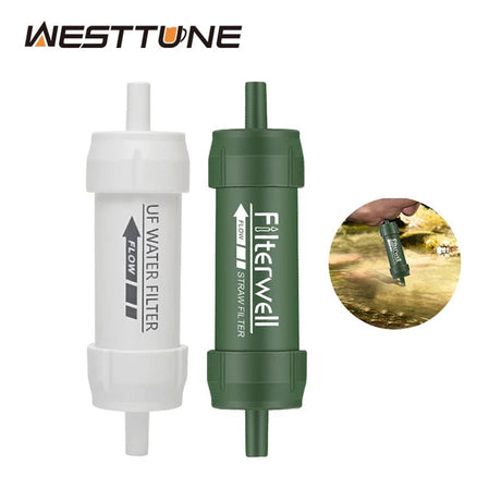 Green and white mini water filter straws side by side, with a hiker drinking from a creek through one