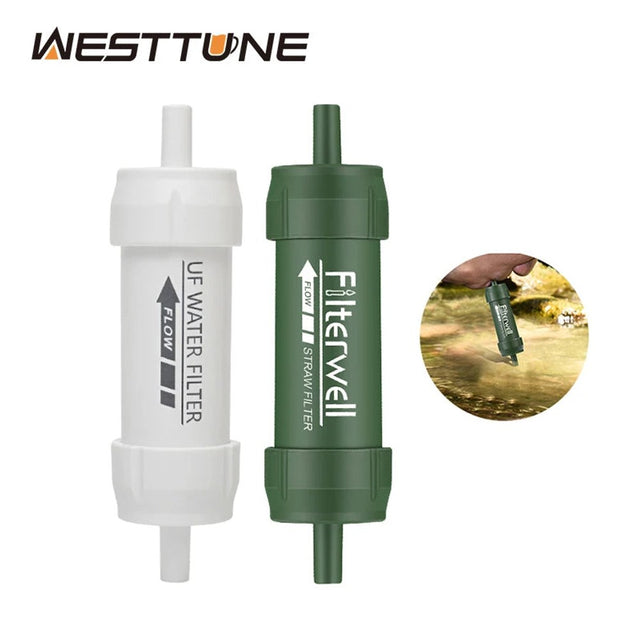 Green and white mini water filter straws side by side, with a hiker drinking from a creek through one