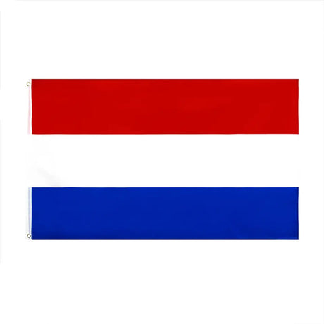Dutch flag of the Netherlands in printed polyester on a white background: red, white and blue horizontal stripes