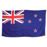 New Zealand flag in printed polyester, hanging: four red stars on blue; white header strip with metal eyelets at left