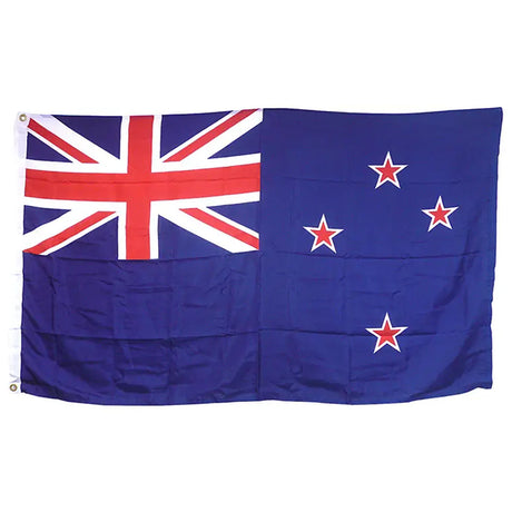 New Zealand flag in printed polyester, hanging: four red stars on blue; white header strip with metal eyelets at left