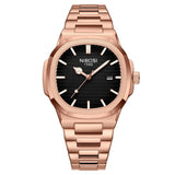 NIBOSI 2632 analogue quartz watch with black dial and rose gold tone steel case and bracelet