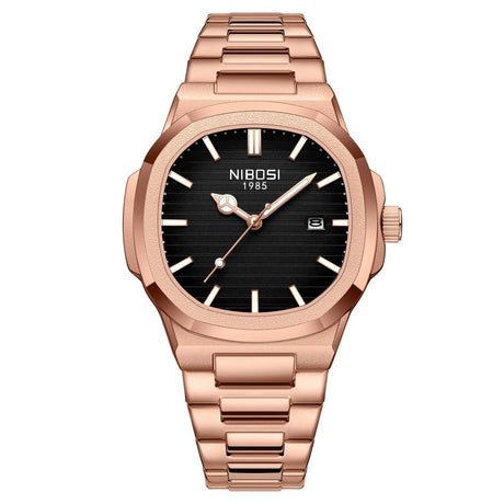 NIBOSI 2632 analogue quartz watch with black dial and rose gold tone steel case and bracelet
