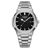 NIBOSI 2632 analogue quartz watch with black dial, luminous hands, date window and silver stainless steel bracelet