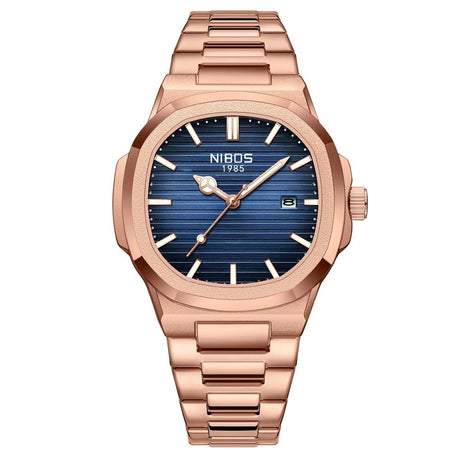 NIBOSI 2632 analogue quartz watch with blue dial and rose gold tone steel case and bracelet