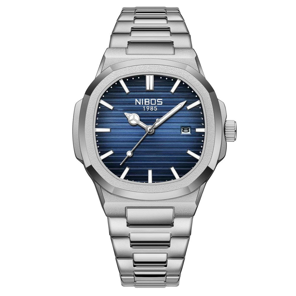 NIBOSI 2632 analogue quartz watch with ribbed blue dial and silver stainless steel case and bracelet