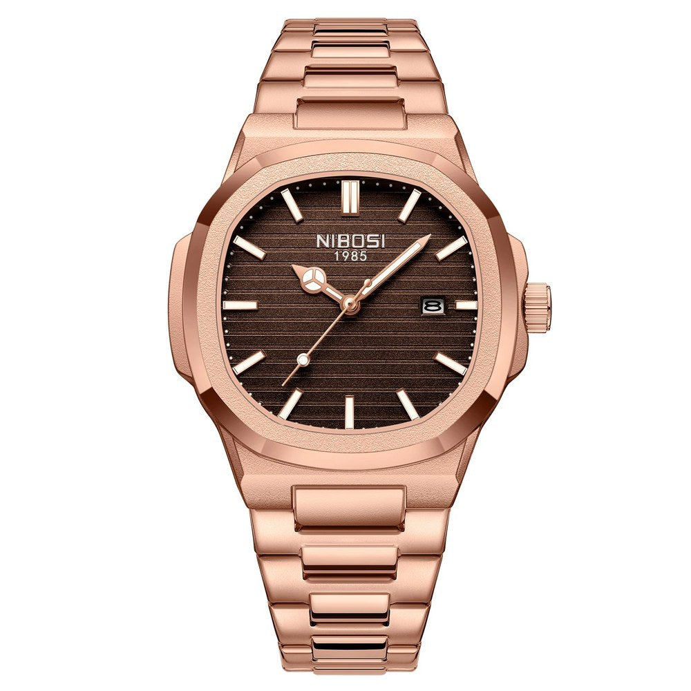 NIBOSI 2632 analogue quartz watch with brown dial and rose gold tone steel case and bracelet