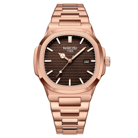 NIBOSI 2632 analogue quartz watch with brown dial and rose gold tone steel case and bracelet