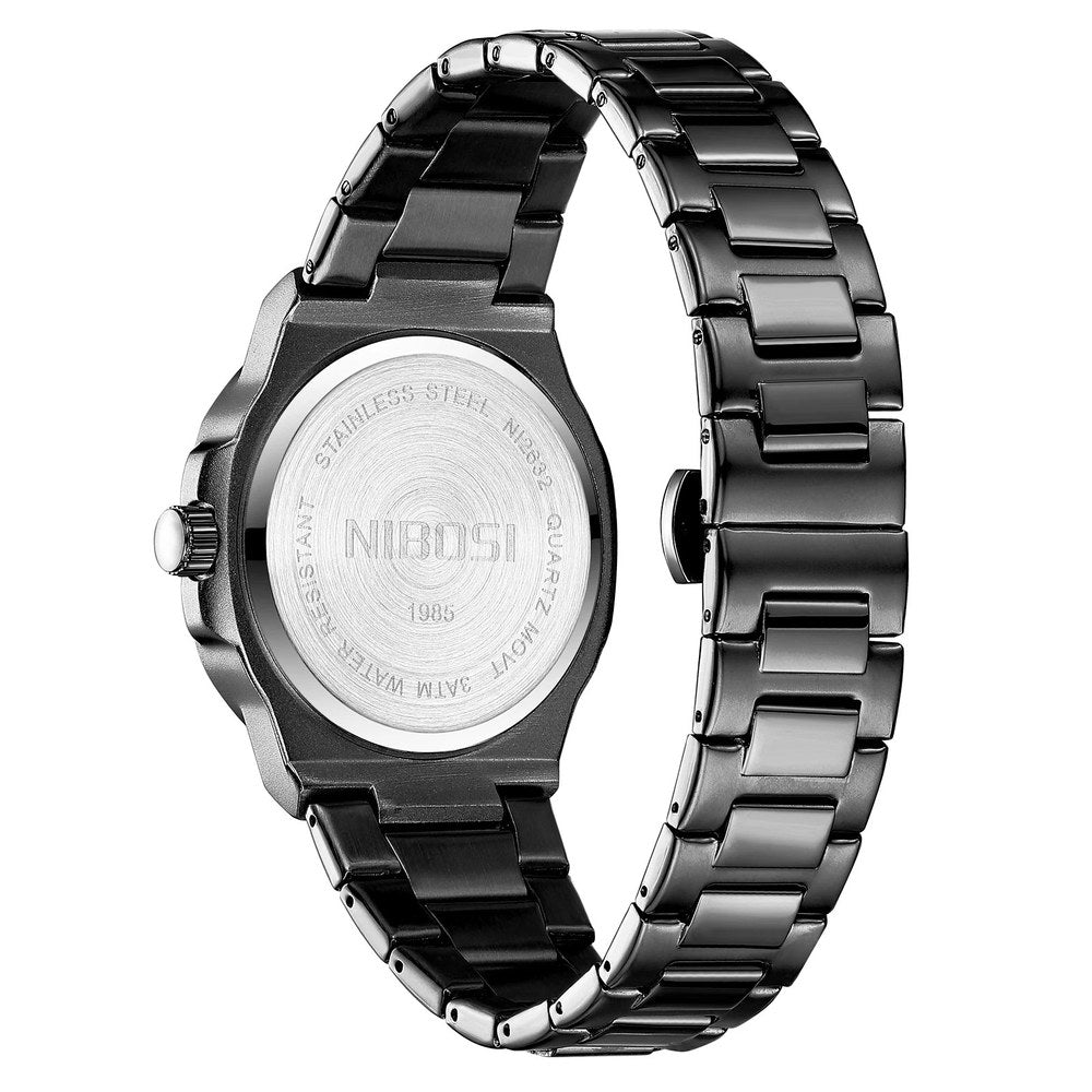 NIBOSI 2632 case back stamped stainless steel, quartz movement and 3 ATM water resistant, with pinned link bracelet
