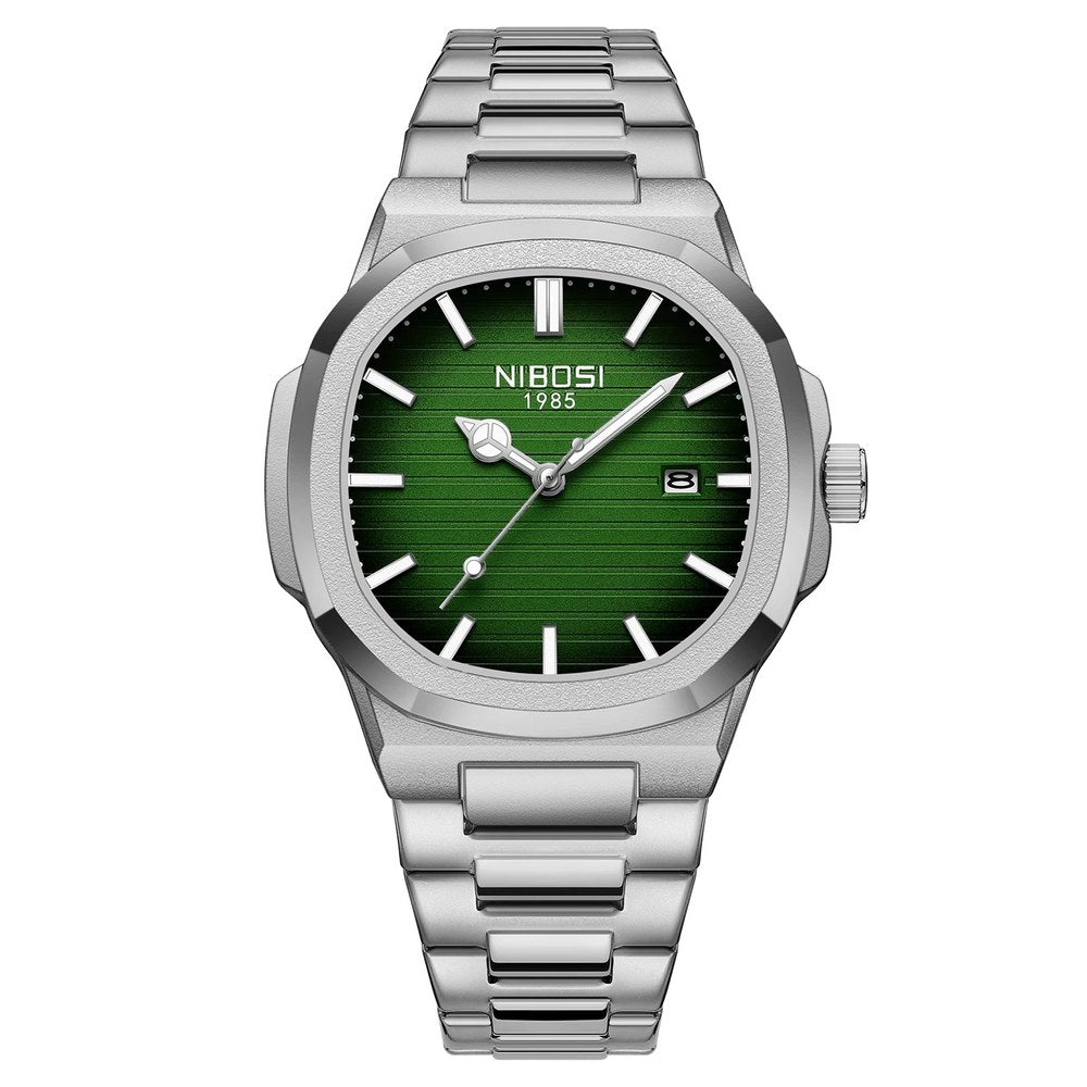 NIBOSI 2632 analogue quartz watch with green dial and silver stainless steel case and bracelet