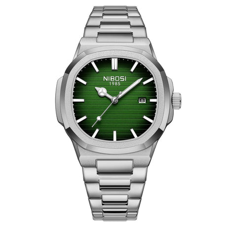 NIBOSI 2632 analogue quartz watch with green dial and silver stainless steel case and bracelet