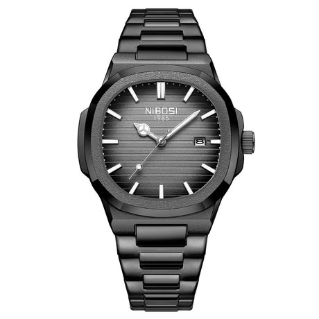 NIBOSI 2632 analogue quartz watch with grey-to-black dial and black-finish steel case and bracelet