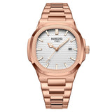 NIBOSI 2632 analogue quartz watch with white dial and rose gold tone steel case and bracelet