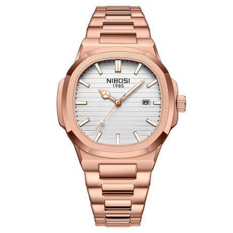 NIBOSI 2632 analogue quartz watch with white dial and rose gold tone steel case and bracelet