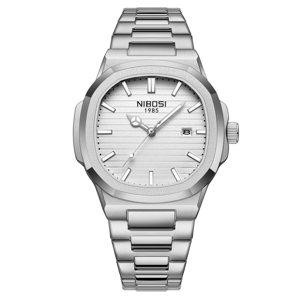 NIBOSI 2632 analogue quartz watch with white dial and silver stainless steel case and bracelet