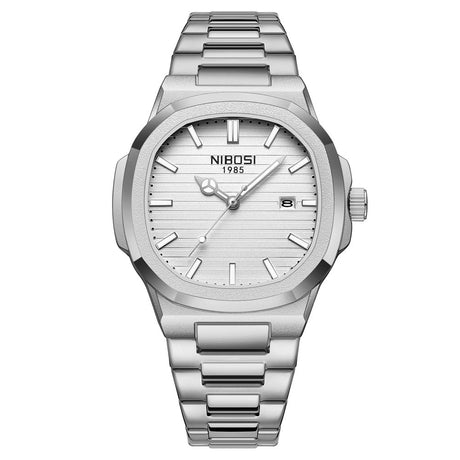 NIBOSI 2632 analogue quartz watch with white dial and silver stainless steel case and bracelet
