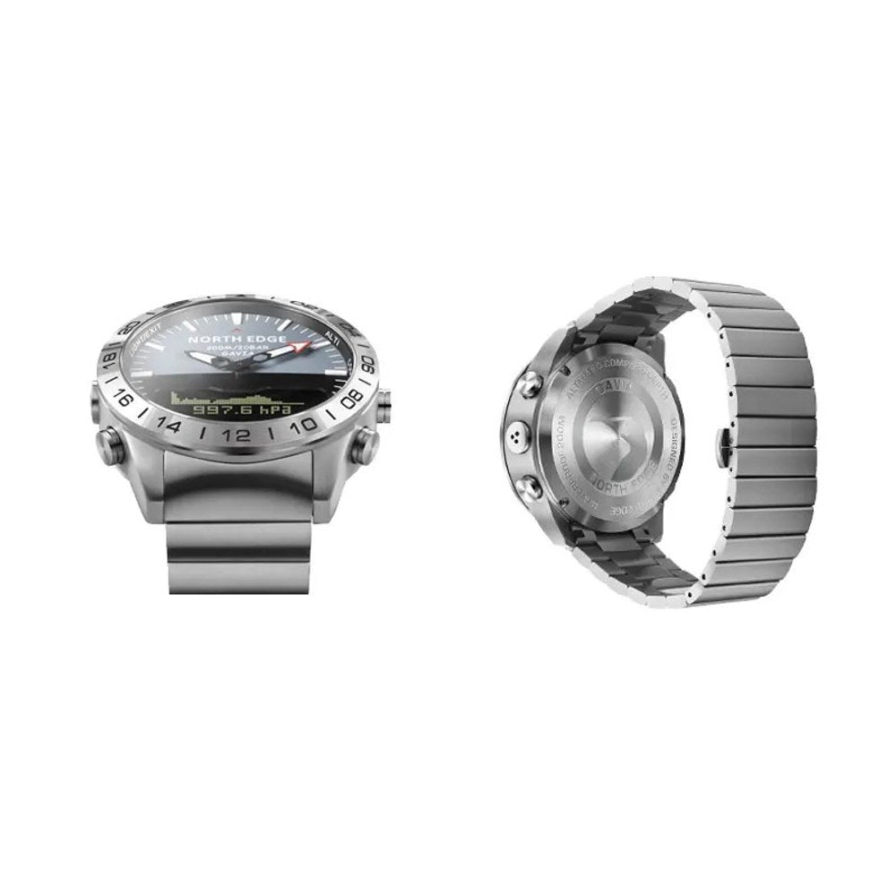 North Edge Gavia side profile showing the buttons, beside a view of the case back and bracelet clasp
