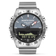 North Edge Gavia steel dive watch, front view: hands over a screen showing a pressure chart, 200M/20BAR on the dial