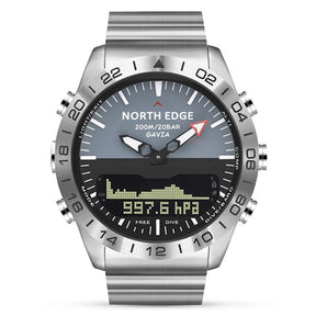 North Edge Gavia steel dive watch, front view: hands over a screen showing a pressure chart, 200M/20BAR on the dial