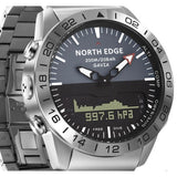 Close view of the North Edge Gavia dial, bezel and left-side buttons on the steel link bracelet