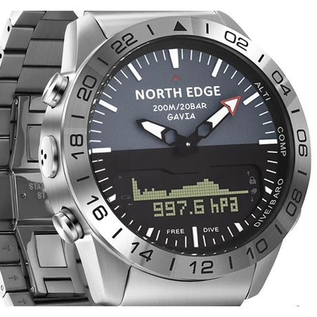 Close view of the North Edge Gavia dial, bezel and left-side buttons on the steel link bracelet