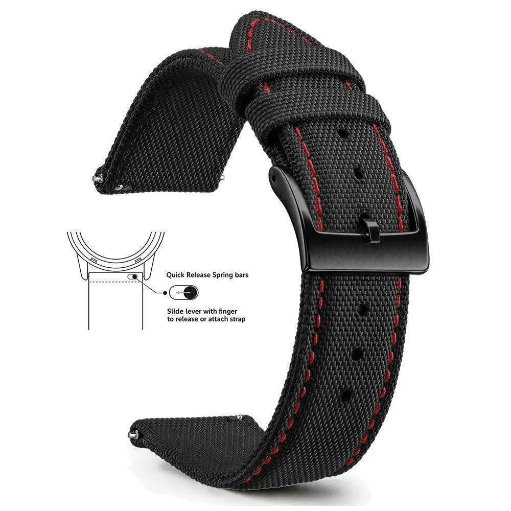 Black woven nylon band with red edge stitching and a black buckle