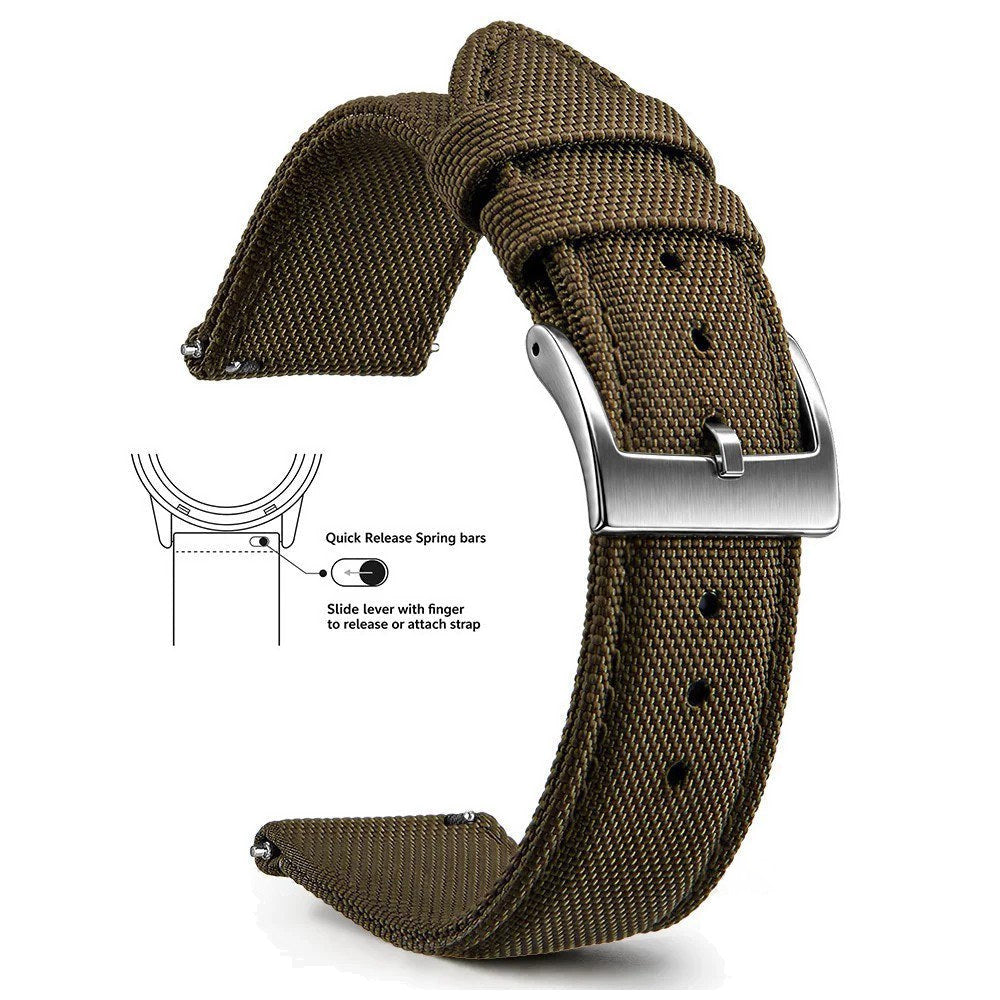 Dark brown woven nylon band with a silver buckle