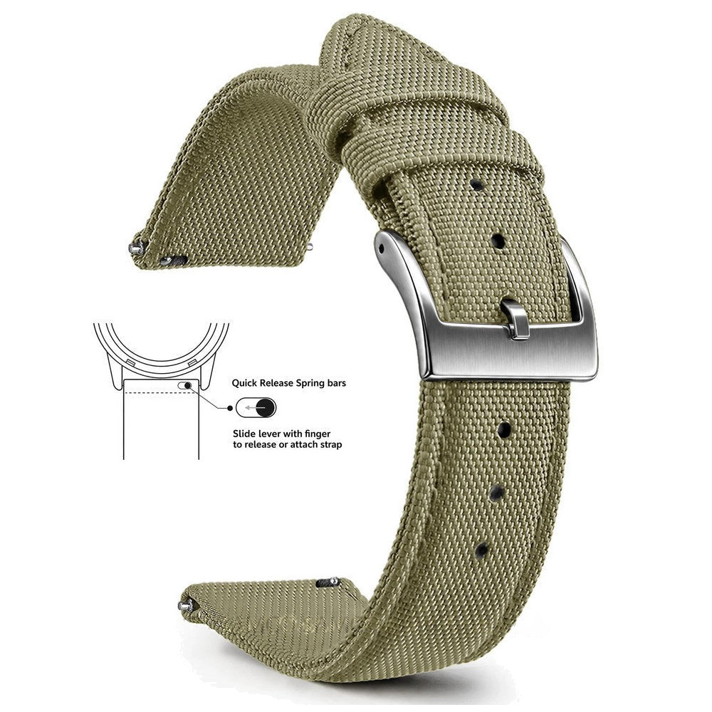 Khaki woven nylon band with a silver buckle