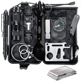 11-tool survival kit in an open black hard case with pen, torch, paracord bracelet, spork, whistle, baseplate compass, ruler plate, card tool, carabiner, wire saw and foil blanket