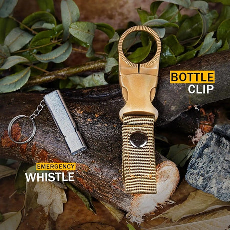 Tan bottle clip with webbing strap beside a silver whistle on a key ring