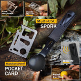 Stainless multi-tool card and black spork with whistle handle, insets of the card and the spork blade in use