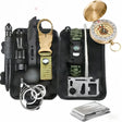 Survival kit laid out in an open black plastic case with pen, torch, spork, bottle clip, paracord bracelet, card tool, wire saw, lid compass and foil blanket