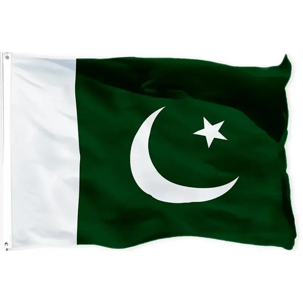 Pakistan flag in printed polyester: green with white crescent and star; white header strip with metal eyelets at left