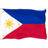 Philippine flag in printed polyester: blue and red with white triangle and sun; white header strip with metal eyelets at left