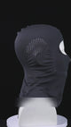 Breathable full-face balaclava on a display head, the mesh fabric stretched between two hands, then worn by a man with sunglasses.