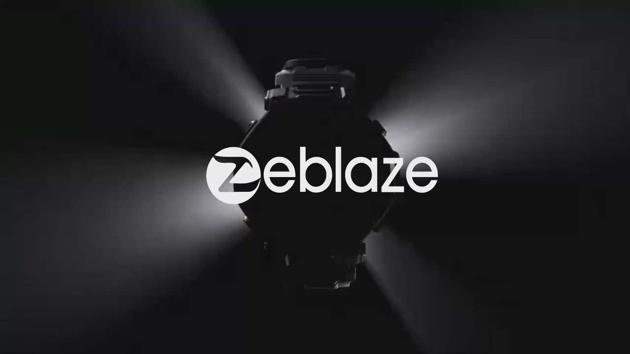 Animated close-ups of the Zeblaze Stratos 4 Pro: the round screen, the built-in torch lighting up, an offline route map, the call and music screens, and the two versions side by side.