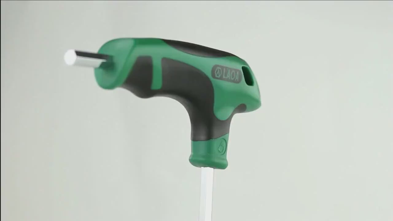 Green LAOA T-handle hex wrenches on a white background, one held in a full-hand grip, then used on cap screws on a machine.
