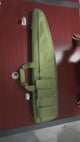 Green padded long carry case laid on a table, its straps and front pouches shown, then unzipped full length to show the egg-crate foam lining inside, empty.