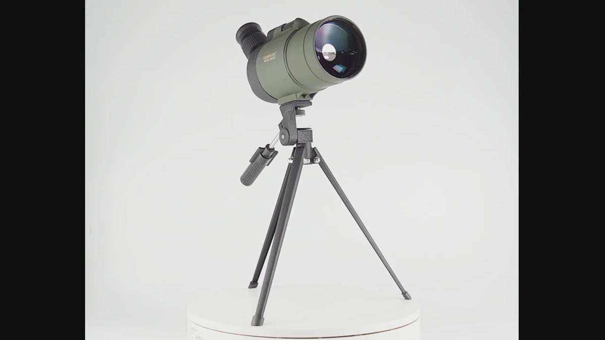 Visionking 25–75×70 spotting scope on its tripod, turning slowly through 360 degrees against a white background.
