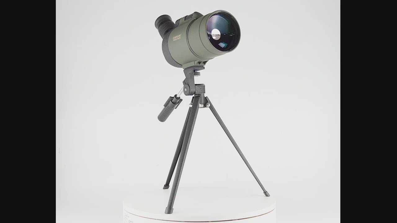 Visionking 25–75×70 spotting scope on its tripod, turning slowly through 360 degrees against a white background.