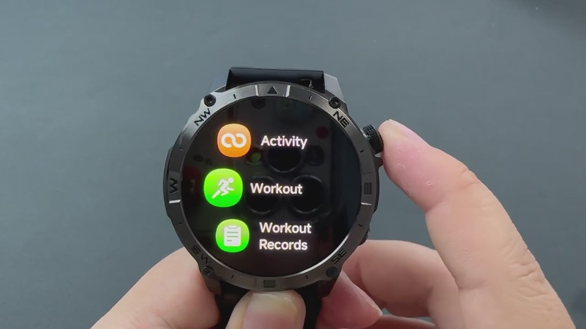The North Edge HK08 held in the hand while its menus are swiped: activity totals, sport modes and a workout countdown, then the barometer, weather, camera remote, music, world clock and settings.