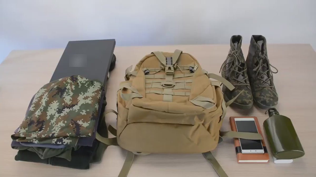 Khaki MOLLE day pack on a table being packed with clothes, a laptop, boots and a phone, then worn by a man in a denim jacket.