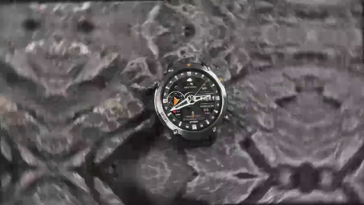 The 1400 mAh watch on dark rock in several strap versions, watch faces swiped in the hand, a call answered from the watch, then the torch in its steady, red warning and SOS flashing modes.