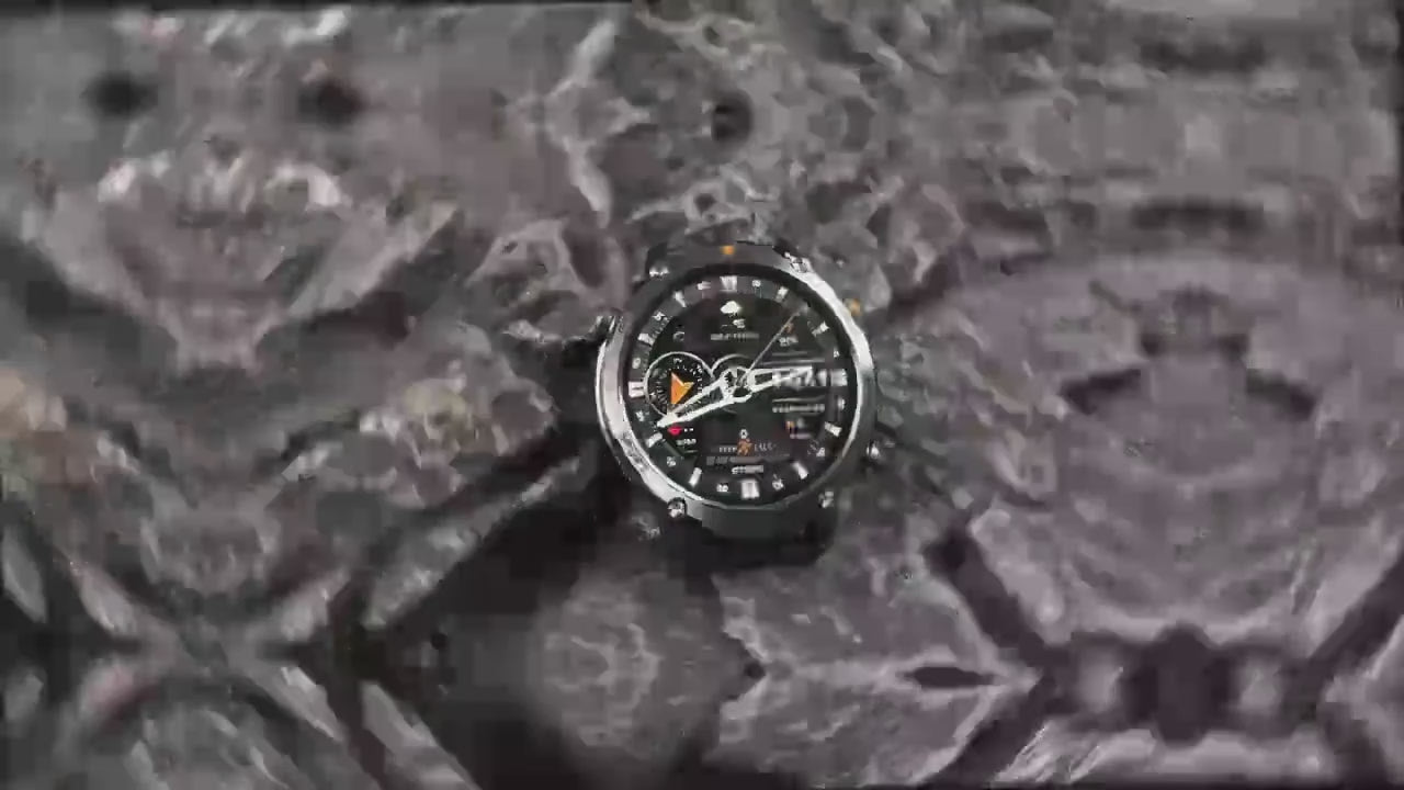 The 1400 mAh watch on dark rock in several strap versions, watch faces swiped in the hand, a call answered from the watch, then the torch in its steady, red warning and SOS flashing modes.