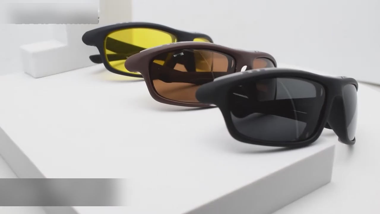 The CoolPandas sports wrap sunglasses in several lens tints on a white stand, close-ups of the frame and arm, then a lens held over a polarised test card.