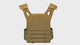 Sand-coloured MOLLE load-bearing vest on a white table: close-ups of the webbing rows and front panel, hands opening the front pocket and folding out the cummerbund.