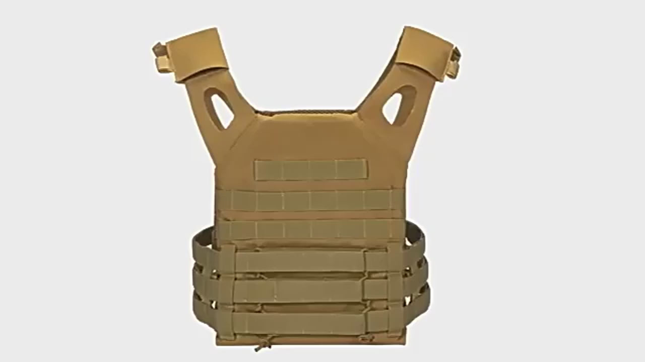 Sand-coloured MOLLE load-bearing vest on a white table: close-ups of the webbing rows and front panel, hands opening the front pocket and folding out the cummerbund.