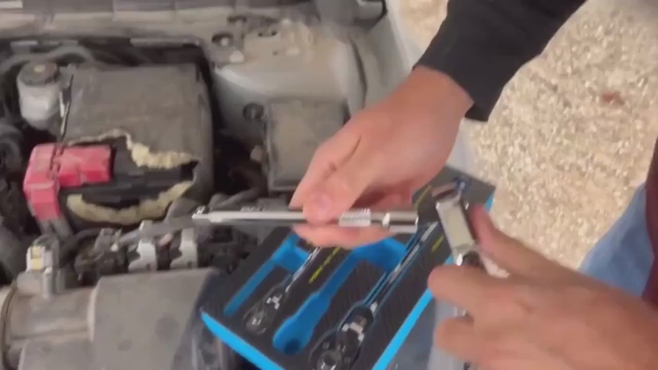 The flex-head ratchet set in its blue foam tray beside a car engine, then the swivel-head ratchets used on bolts deep in the engine bay.
